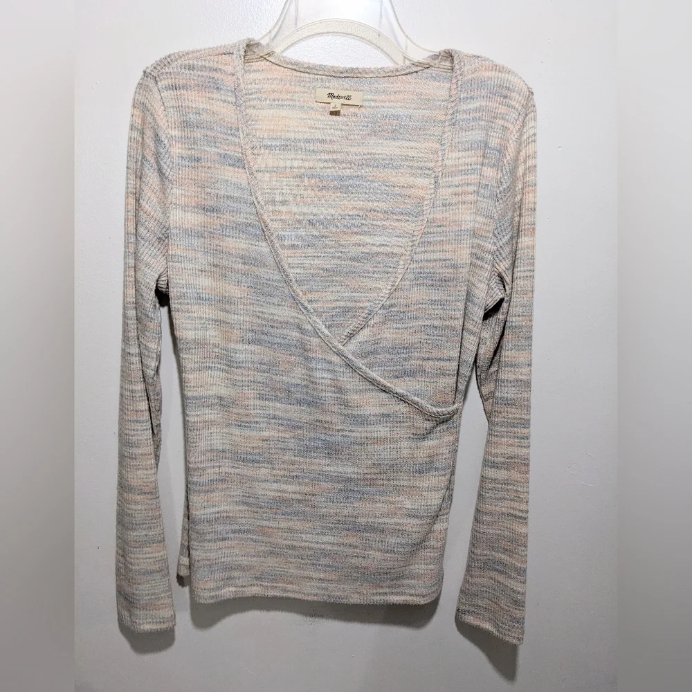 Madewell Space Dye Faux Wrap Top L Knit Long Sleeve Preppy 70s Academia #1010 - Picture 7 of 14